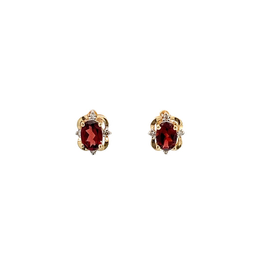 14K Yellow Gold Garnet & Diamond Stud Earrings