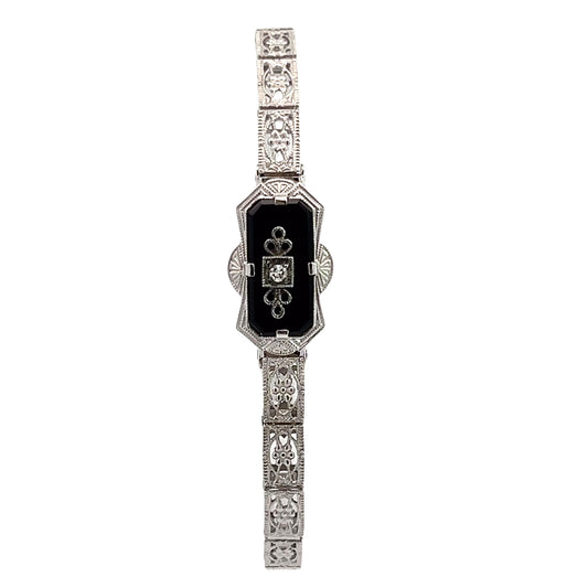 Art Deco White Gold Black Onyx Bracelet
