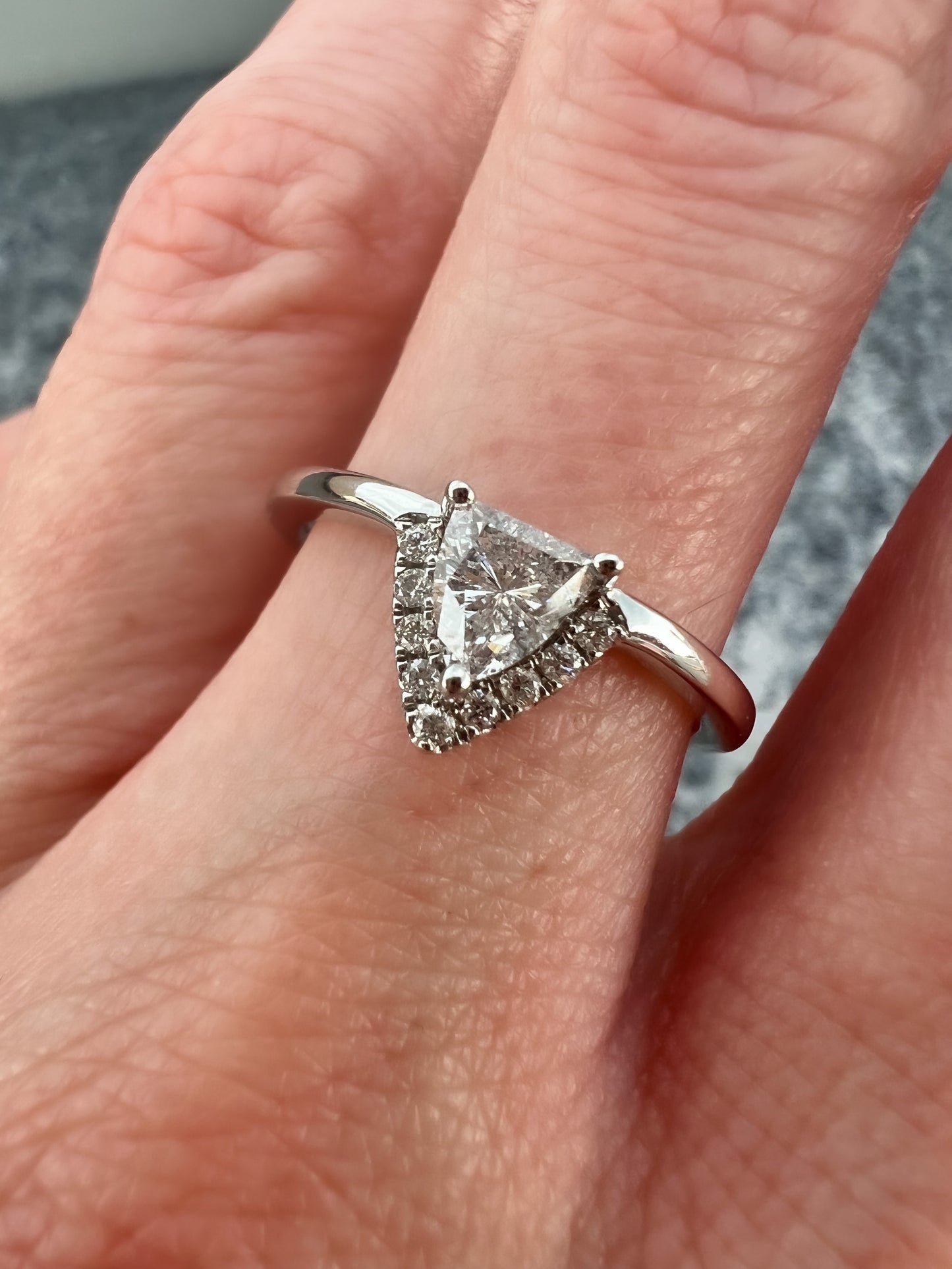 New Vintage Inspired 14K White Gold Trillion Cut Diamond Ring with Accent Stones