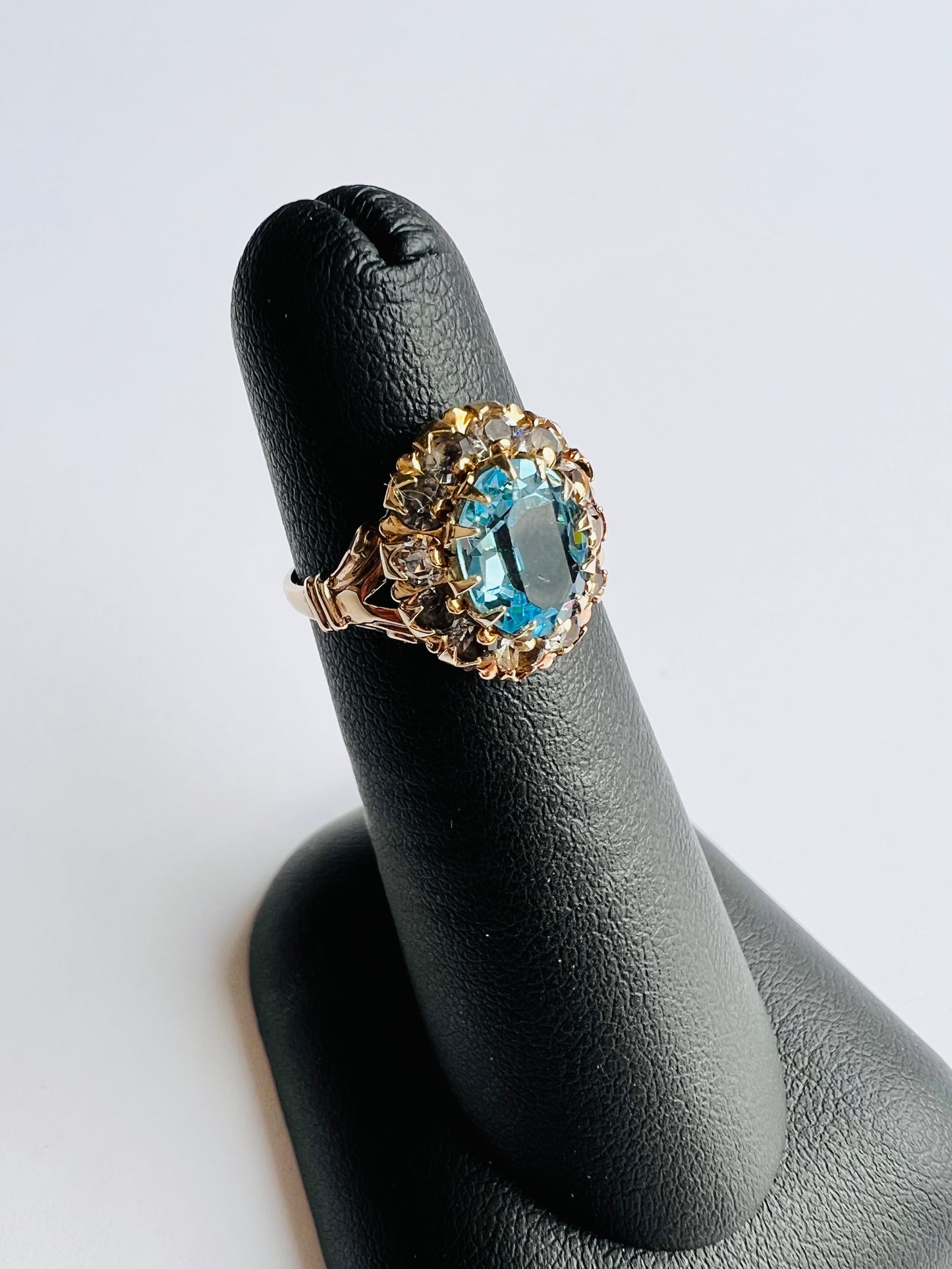 Vintage 10K Yellow CR Aquamarine & CZ Ring