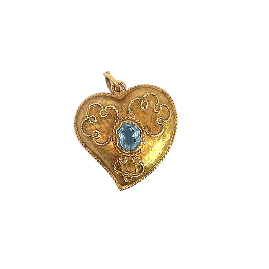 Vintage 18K Blue Topaz Heart Pendant