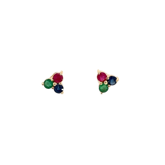 14K Yellow Gold Ruby, Emerald, Sapphire Stud Earrings