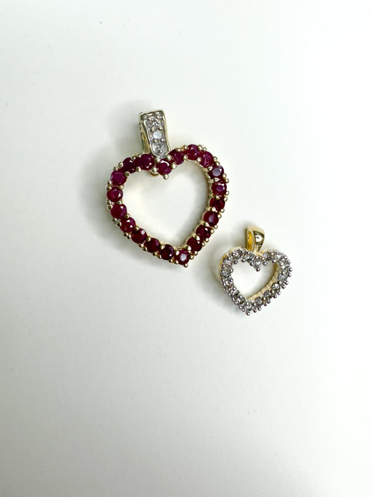 14K Yellow Gold Ruby & Diamond Hearts Enhancer Pendant. Two-In-One