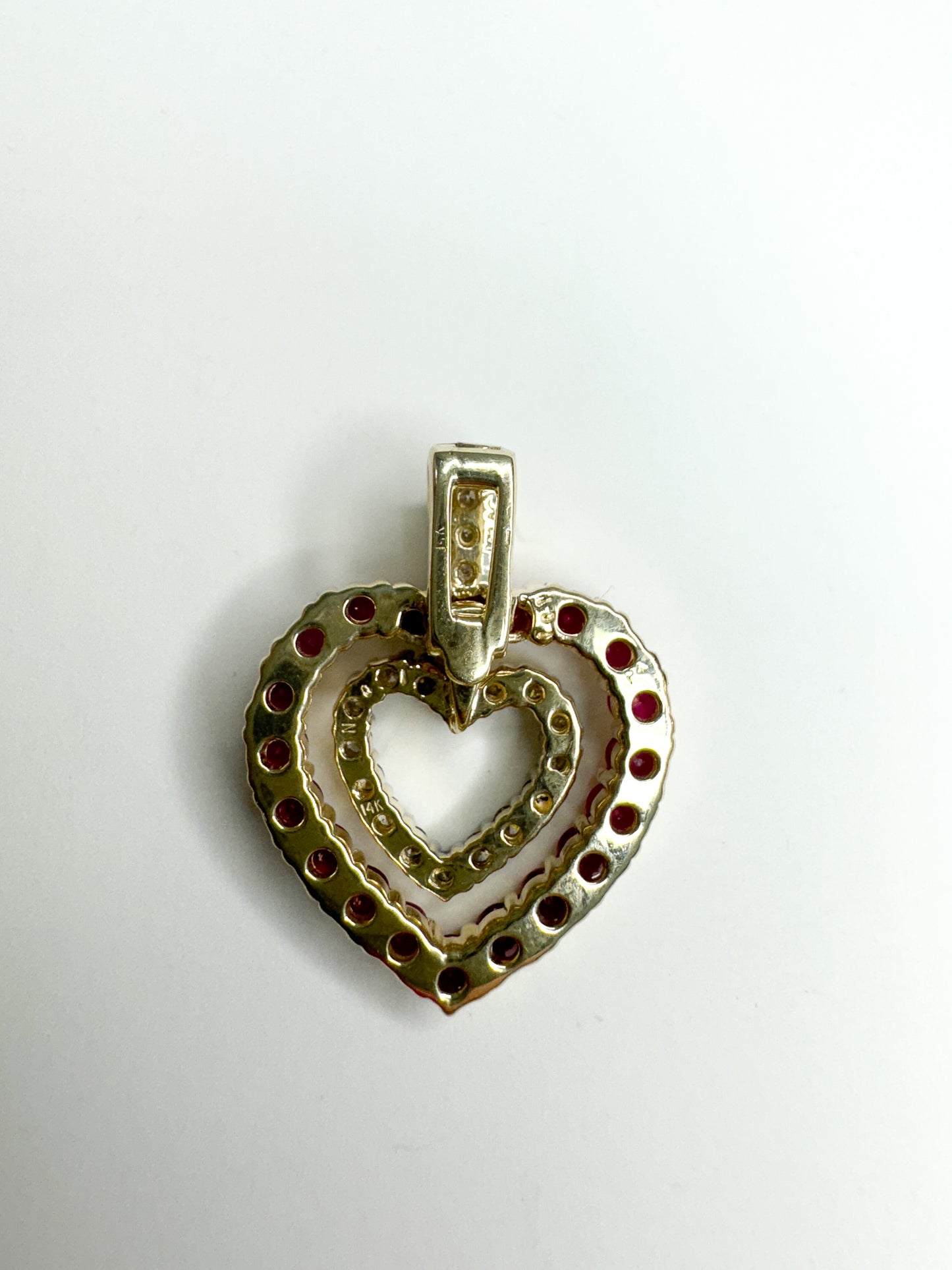 14K Yellow Gold Ruby & Diamond Hearts Enhancer Pendant. Two-In-One