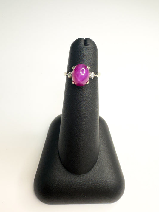 14k white gold pink Linde star sapphire and diamond ring