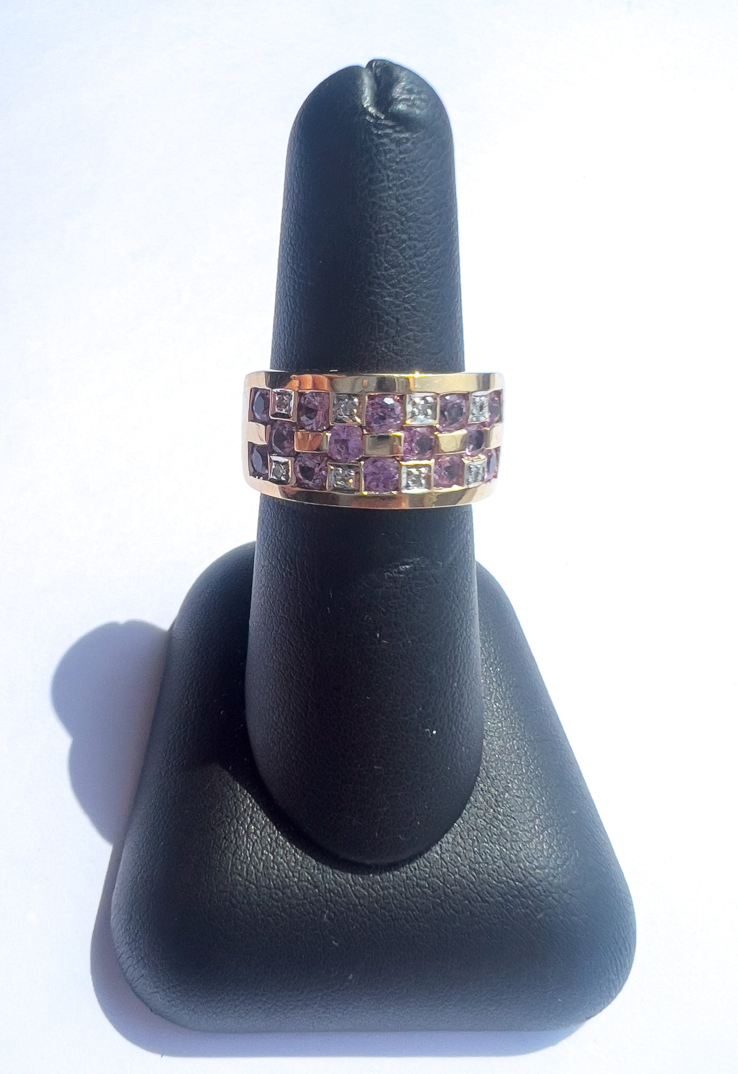 14k yellow gold checkered diamond and pink stone ring