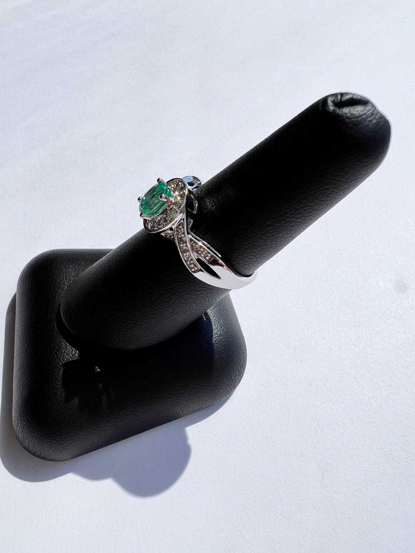 Vintage Inspired New 10K White Gold Genuine Emerald & Diamond Ring