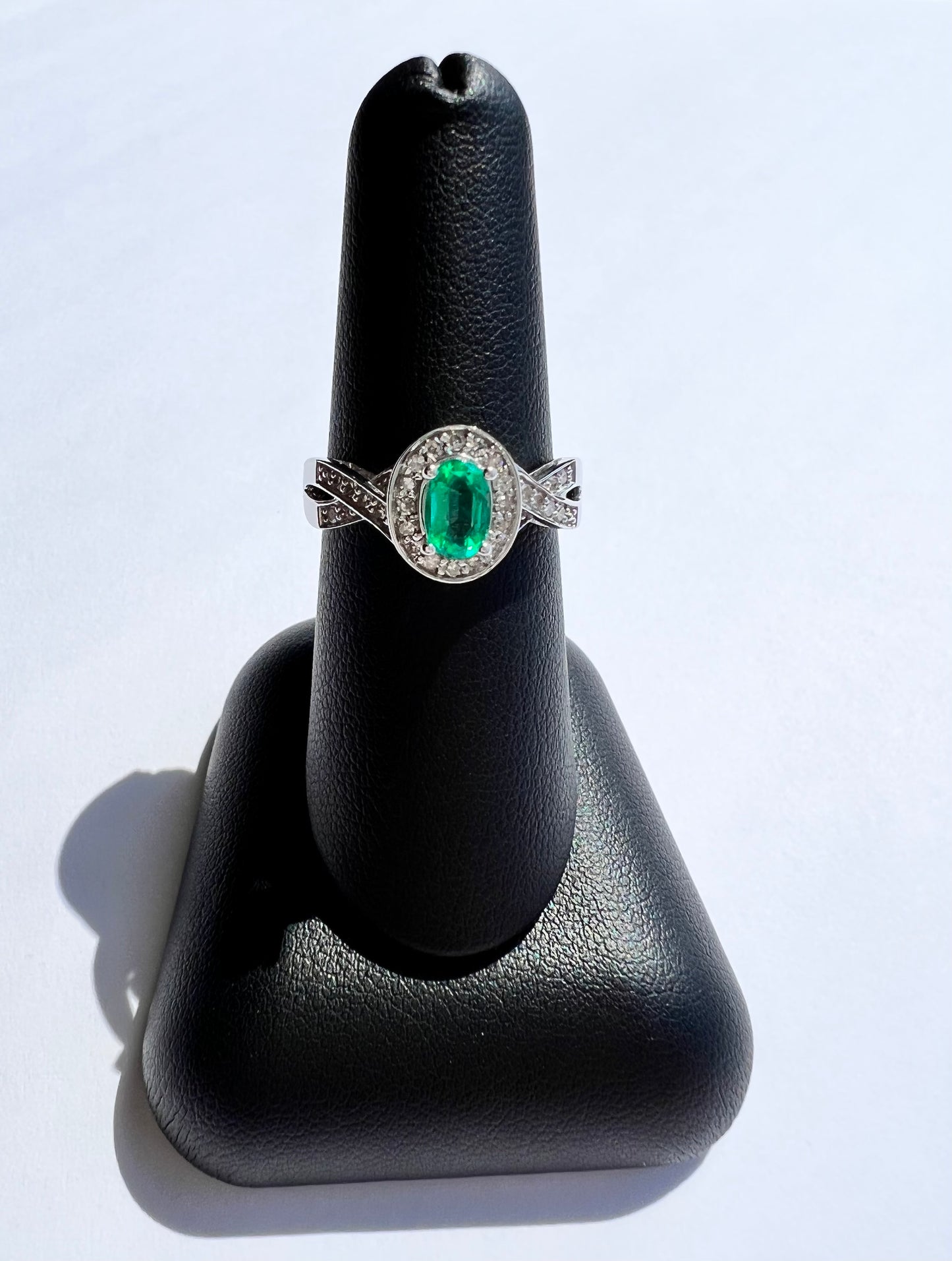 Vintage Inspired New 10K White Gold Genuine Emerald & Diamond Ring
