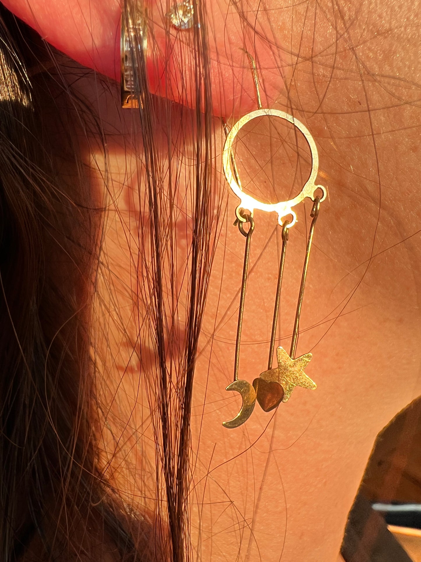 Yellow Gold Star Heart Moon Dangle Earrings
