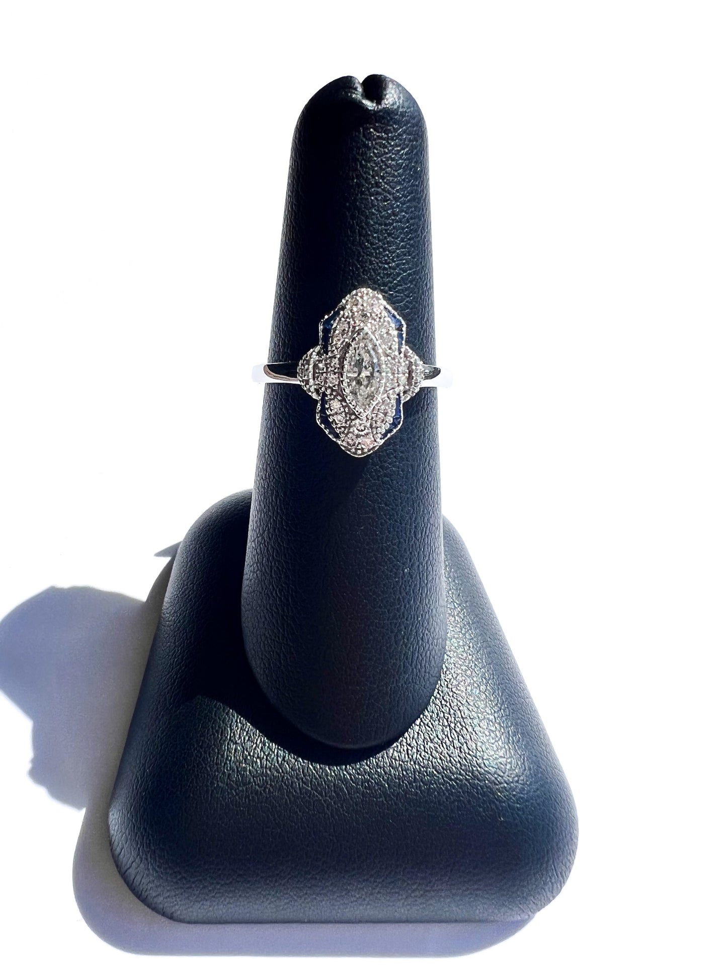 New Vintage Inspired 14K White Gold Diamond & Blue Sapphire Ring