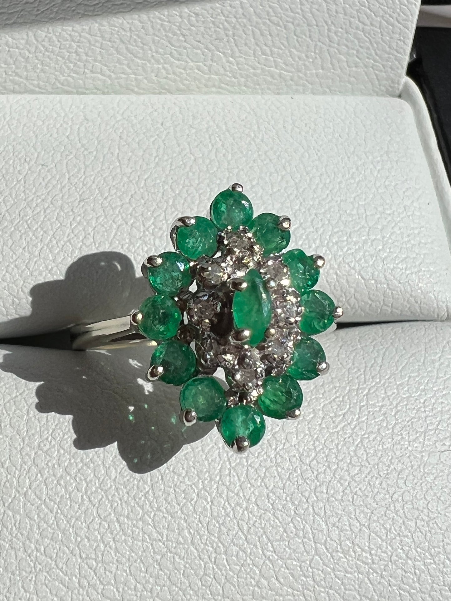 10K White Gold Emerald & Diamond Cluster Ring