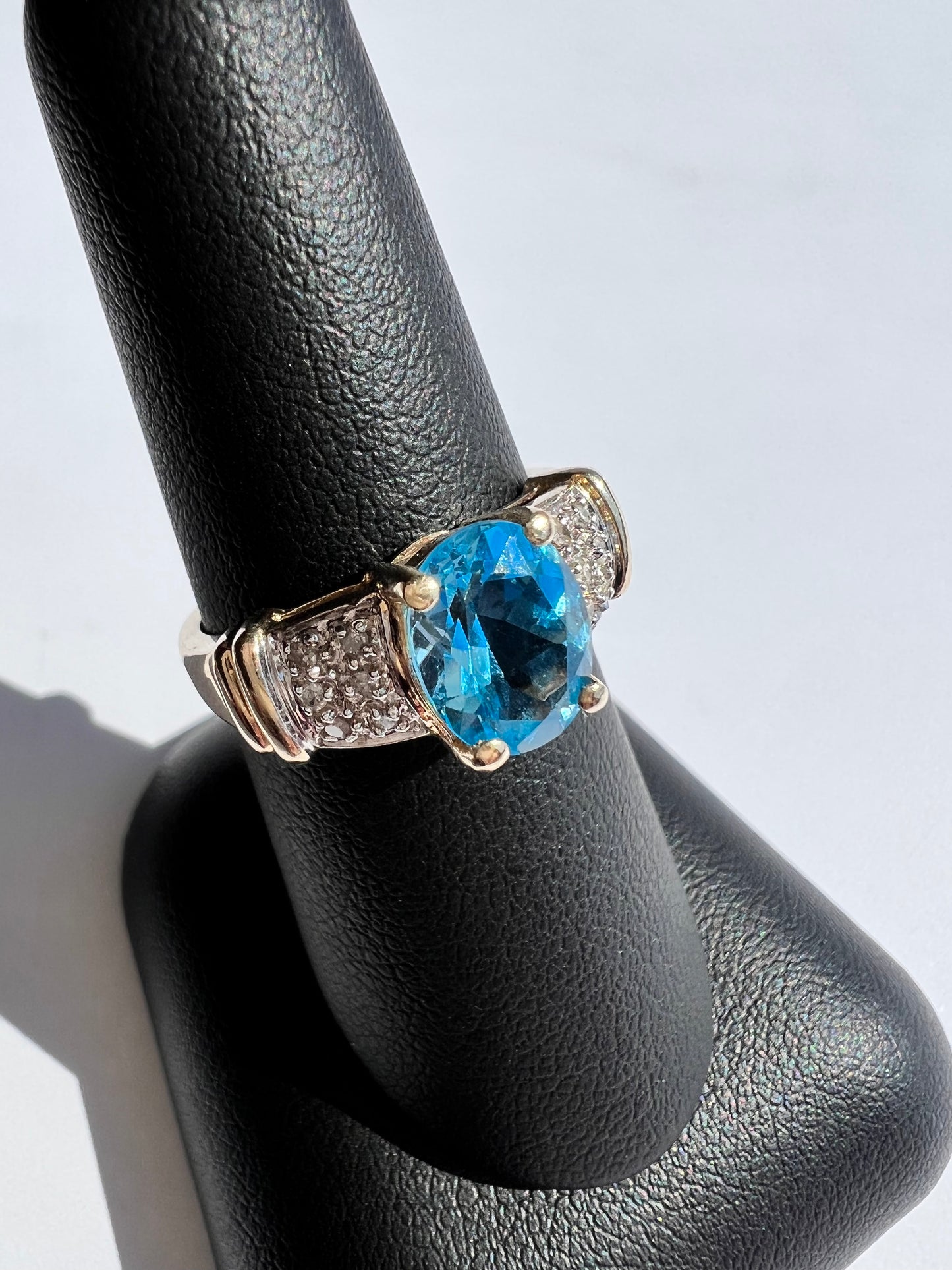 10K Yellow Blue Topaz & Diamond Ring
