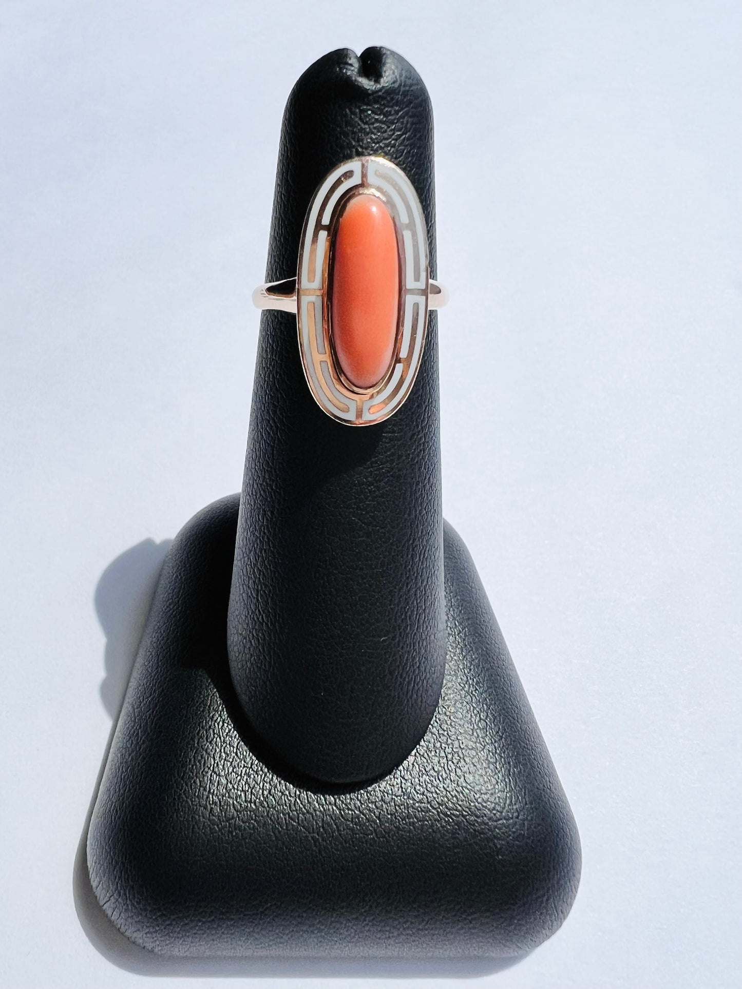 Yellow Gold Coral Ring with White Enameling