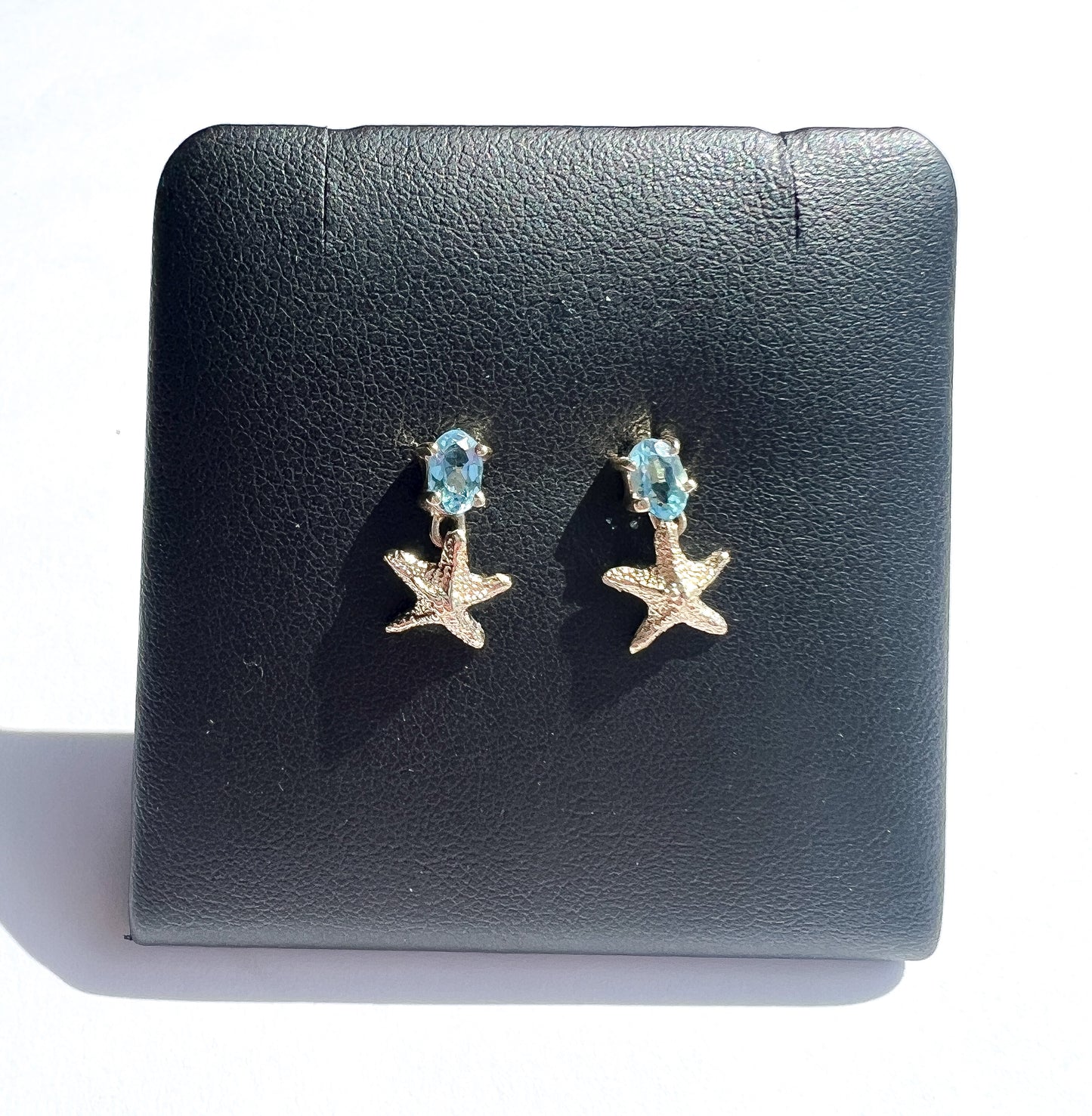 14k Gold and Blue topaz Starfish stud earrings